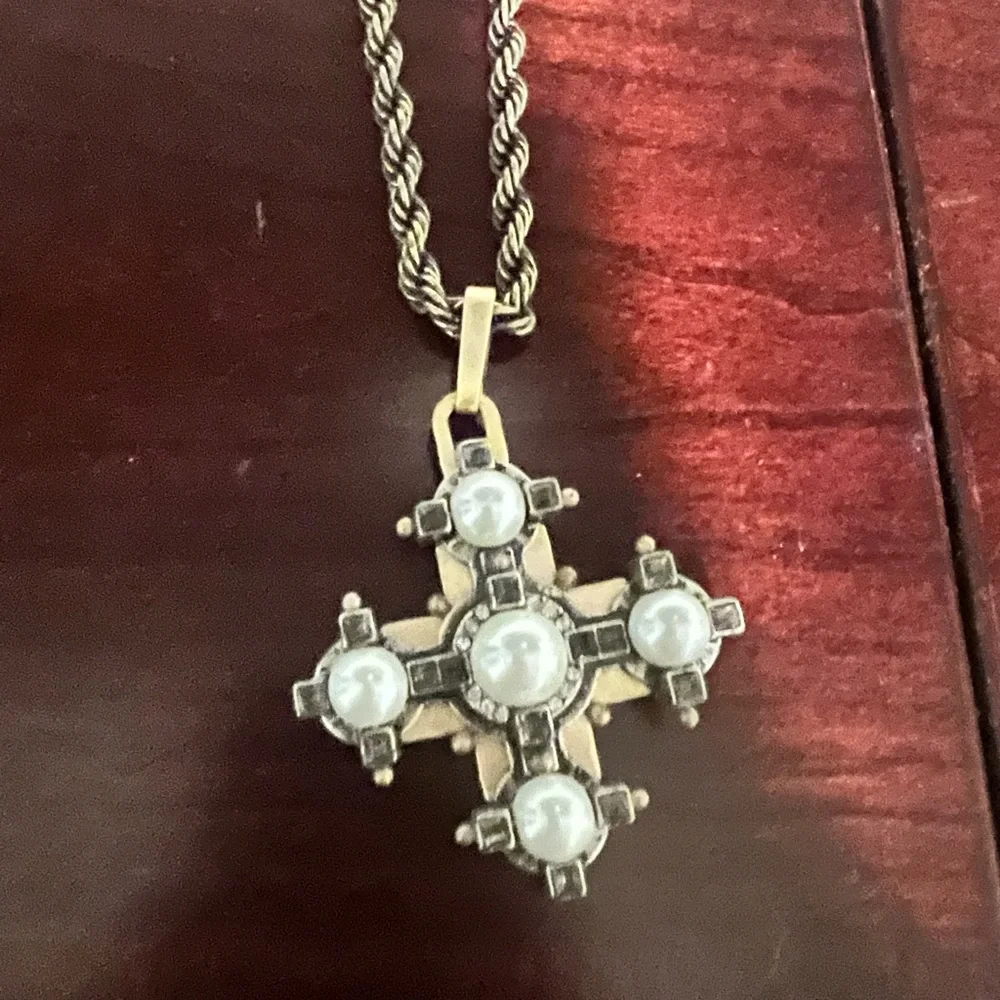 CAbi Gold-Tone Braided Rope Necklace with Pearl Cross Pendant